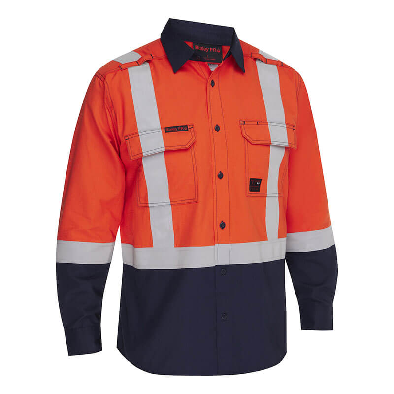 The PIP Bisley AR/FR Men's Ripstop Button Down 385MFRHS in orange features reflective stripes, button front, and dual chest pockets with flaps—ideal hi-vis industrial workwear from PIP.