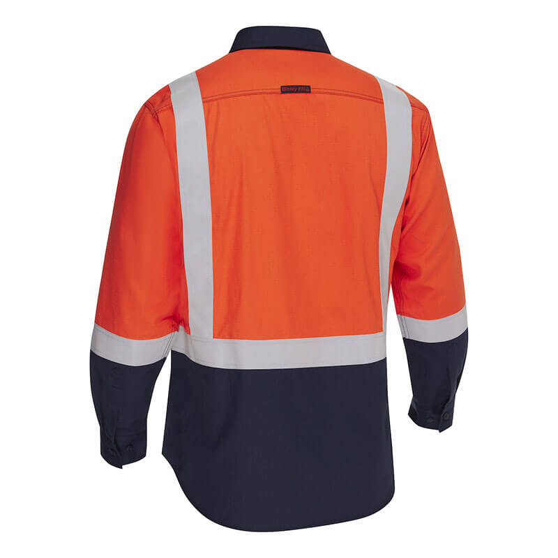 Back view of the PIP Bisley AR/FR Men's Ripstop Button Down 385MFRHS: this hi-vis orange and navy long-sleeve shirt features two horizontal and two vertical reflective stripes—ideal for staying visible on industrial job sites.