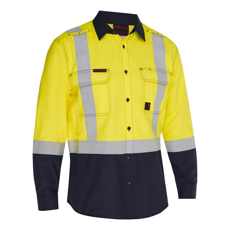 The PIP Bisley AR/FR Men's Ripstop Button Down 385MFRHS is a hi-vis yellow long-sleeve safety shirt with reflective stripes, navy accents, two chest pockets, and button closure—ideal industrial workwear from PIP.