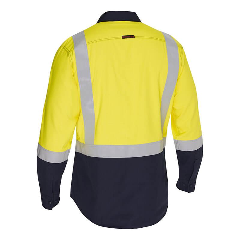The PIP Bisley AR/FR Men's Ripstop Button Down 385MFRHS is a hi-vis long-sleeve safety shirt with a yellow upper, navy blue lower, and silver reflective stripes on the back, shoulders, and arms—ideal for industrial visibility and protection.
