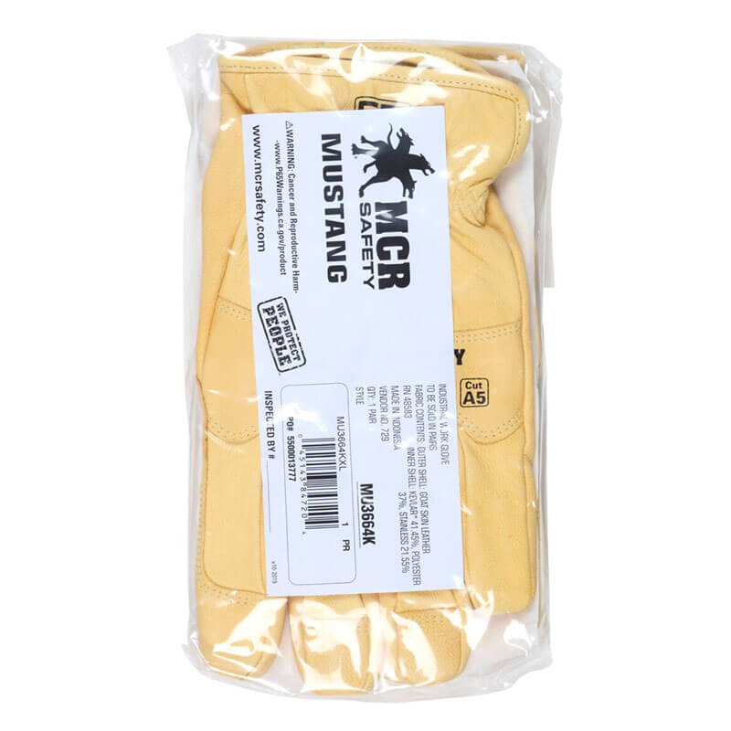 A pair of yellow MCR Safety Mustang HiDex Kevlar Lined Leather Driver MU3664K gloves, packaged in clear plastic, with a label displaying safety ratings and sizing details, highlighting their cut-resistant work glove features.