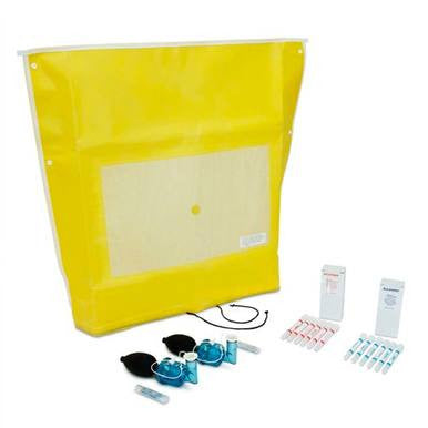 The Allegro Bitrex Respirator Fit Test Kit 2041 by Allegro includes a yellow pouch, two black masks with blue valves, small ampoules for fit testing, and two boxes of extra medical supplies.