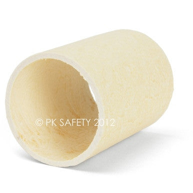 A cylindrical protective sleeve in beige, akin to the Allegro Replacement Exhaust Filter 0.30 Micron 9700-02, is showcased against a white backdrop. Created by PK Safety Supply to safeguard welders from sparks and heat, it rests on its side, displaying its hollow interior. The image includes a watermark: "© PK SAFETY 2012.