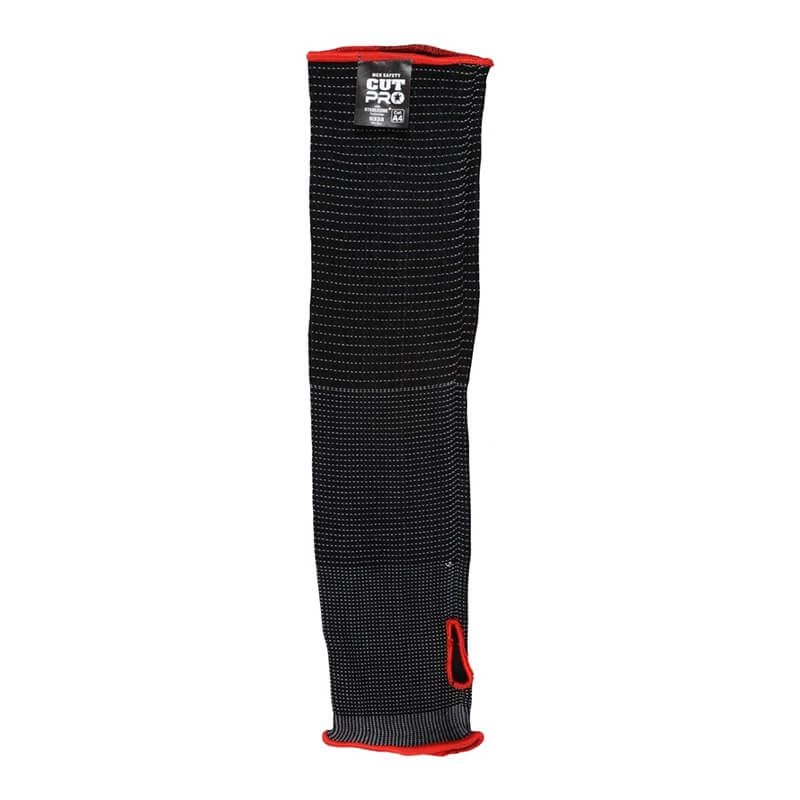 The MCR Safety Cut Pro 13 Gauge 18" Steelcore Sleeve (9338) is a black, cut-resistant sleeve with a textured surface, red trim, thumb hole, and "CUT PRO" label. Sold in packs of 10.