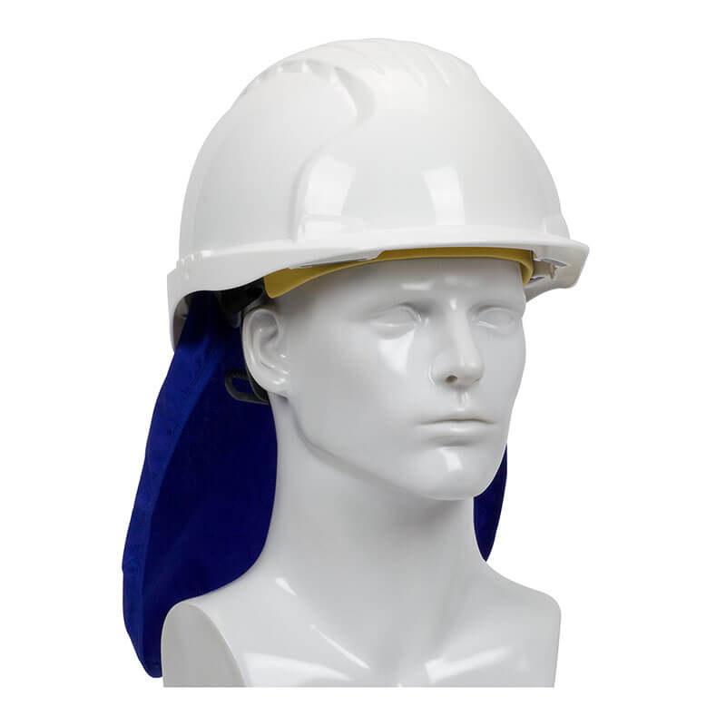 A PIP EZ-COOL Cooling Hard Hat Pad with Neck Shade 396-405-BLU is shown on a white mannequin head, featuring an evaporative cooling design and blue neck shade for enhanced sun protection.
