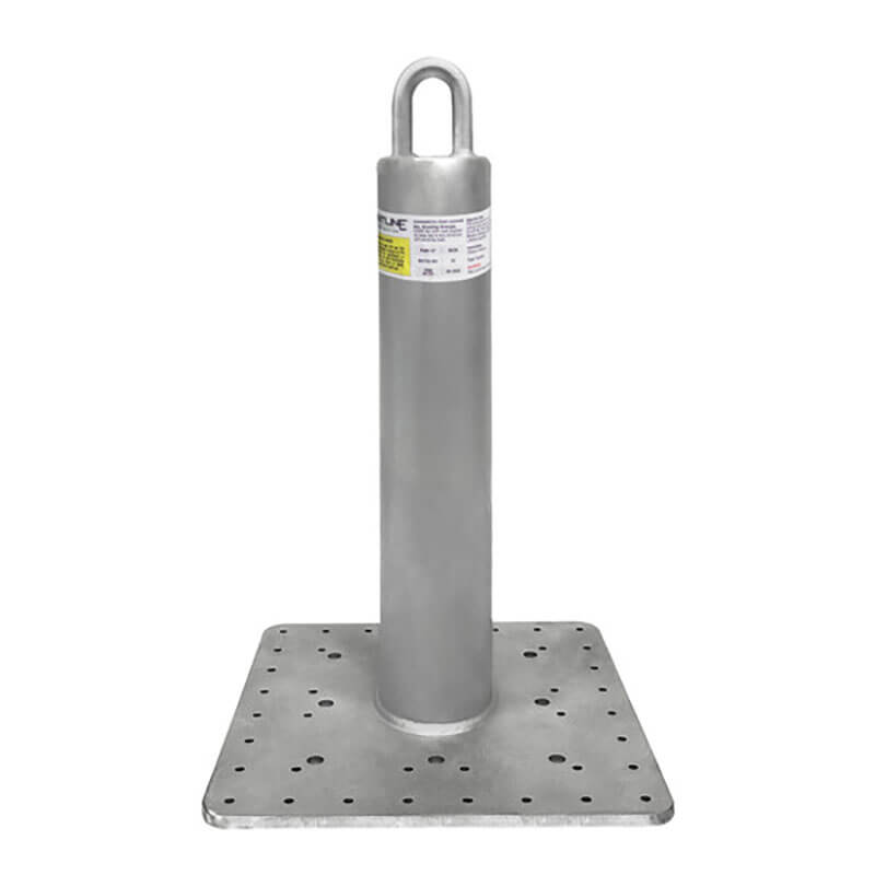 The Frontline Multifunction Commercial Roof Anchor by Frontline Fall Protection features a vertical cylindrical post, top ring, and square perforated base made from ASTM Rated Steel for rooftop safety applications.