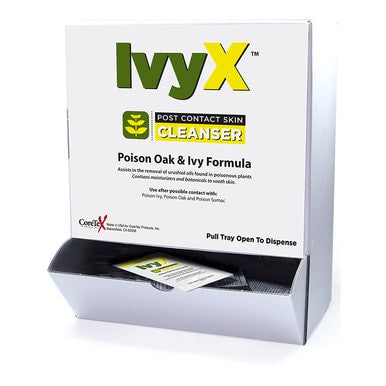 A Coretex IvyX Cleanser Wallmount Dispenser Box 84661, in white, displays the poison oak and ivy formula logo. It includes a dispenser slot with a visible packet inside, providing protection against harmful plants for your skin.
