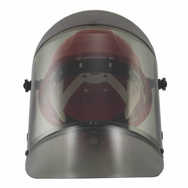 Front view of the Oberon Deluxe 12 Cal TCG ArcShield with Red Hardcap (21AGR12AF-C500), featuring a clear polycarbonate visor, red headband, and True Color Grey technology for enhanced visibility in hazardous environments.