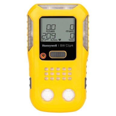 The yellow BW Clip4 4-Gas Detector BWC4-Y-N by BW comes with a digital display that shows gas levels in ppm. This compact monitor includes two sensors at the bottom and several buttons on the front for easy operation.