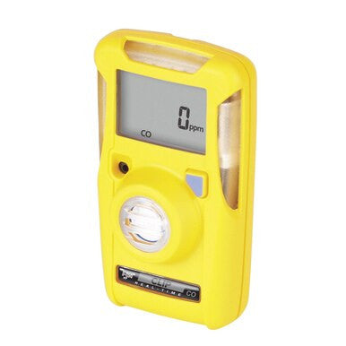 The BW Clip Real Time 2 Year CO Detector (BWC2R-M) by BW Technologies by Honeywell is a yellow handheld device displaying "0 ppm" on a digital screen, featuring a circular sensor and buttons for easy operation.