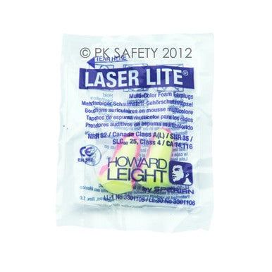 A clear plastic package of Honeywell Safety's Howard Leight Laser-Lite Disposable Earplugs, featuring "Multi-Color Foam Earplugs" designed for optimal hearing protection. The package prominently displays safety ratings alongside the Honeywell Safety logo and branding details.