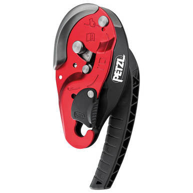 The Petzl I'D L Self-Braking Descender, in red and black, features a handle, metal components, an anti-panic system for safer rope control, and displays the Petzl logo on its side.