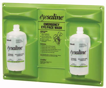 The Honeywell 462 32oz. Double Eyewash, branded by FendAll, is essential in any eye hazard area and comes with two bottles of Eyesaline solution. This green emergency eye/face wash station features a central panel that provides usage instructions in both English and Spanish, accompanied by an image illustrating the proper emergency flushing technique.