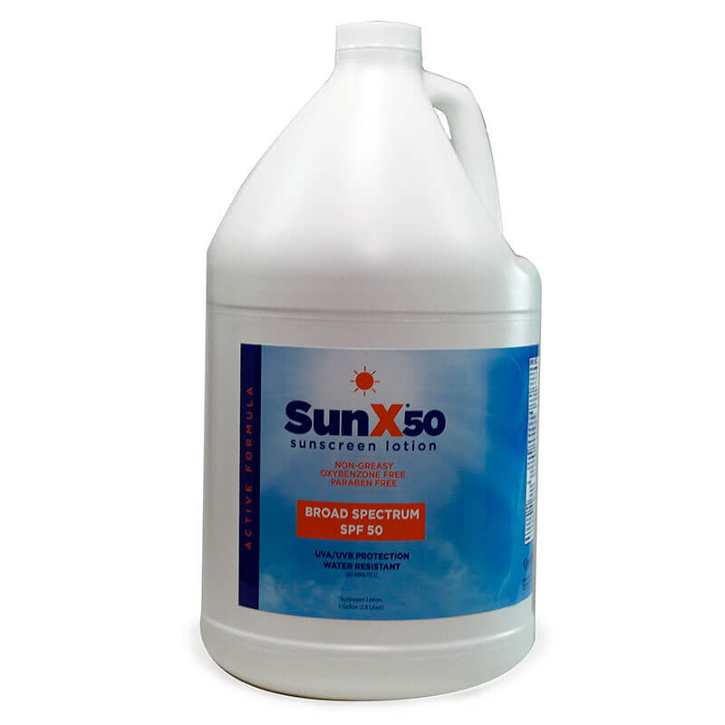 A gallon-sized container of Coretex SUNX SPF50 sunscreen from PK Safety Supply features a blue and white label. It prominently displays "Broad Spectrum SPF 50," underscoring its water-resistant UVA/UVB protection. The sun icon guarantees the formula is non-greasy and PABA-free, making it an ideal choice for sunny days.