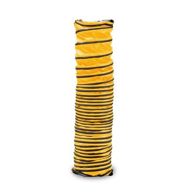 The Allegro 8 Inch Duct, a yellow and black flexible plastic tube made from vinyl-coated polyester with accordion-style pleats, is ideal for ventilation or exhaust applications. This piece of safety equipment is showcased standing upright against a pristine white background.