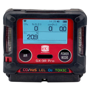 The RKI GX-3R Pro Gas Confined Space Monitor with Wireless Communication is an advanced multi-gas personal monitor that features Bluetooth connectivity. It provides real-time readings on its display and includes buttons labeled "AIR" and "POWER MODE." Designed to monitor gas levels, it shows percentages and ppm for CH4, O2, CO, and H2S.