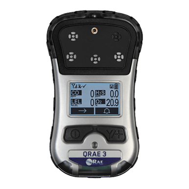 The RAE PGM-2500 QRAE 3 Non-Wireless Diffusion Multi-Gas Monitor M020-21111-111 by RAE Systems is a handheld device equipped with a digital display that provides readings for CO, H2S, and O2 levels. It is designed with an IP-65 case and includes buttons below the screen for easy operation and monitoring.