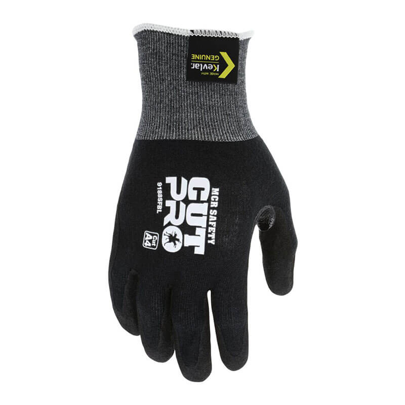 The MCR Safety Cut Pro 18 Gauge Kevlar Sandy Nitrile Foam Gloves 9188SFB feature black and gray cut-resistant construction with "CUT PRO" and "MCR SAFETY" branding, a yellow "Kevlar Genuine" tag, and ANSI Cut Level A4 protection. Sold in 12 pairs.