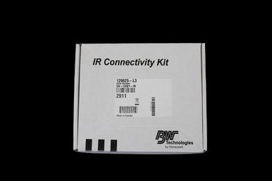 A white box labeled "BW Honeywell IR Connectivity Kit GA-USB1-IR," featuring a barcode with the number "2911," contains essential components for gas monitors. The BWF Technologies logo is elegantly displayed in the lower right corner against a sleek black background.