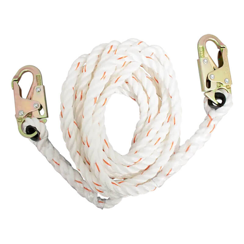 The French Creek Production Polyblend Synthetic Rope Lifeline 410 is a coiled white braided rope with orange accents and metal snap hooks at both ends for reliable fall protection.