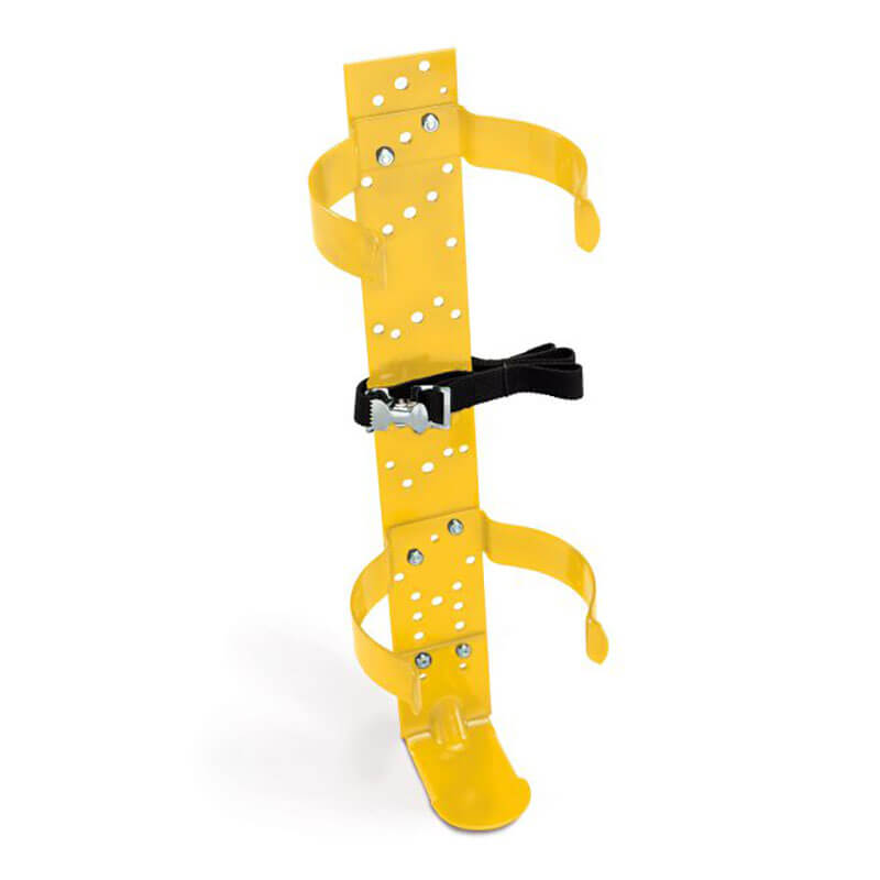 The Allegro Deluxe SCBA Bracket, available from PK Safety Supply, features a yellow design with an adjustable black buckle and several screw holes to ensure secure footing and exceptional grip. It's an essential piece of safety equipment, ideal for climbing poles or trees.