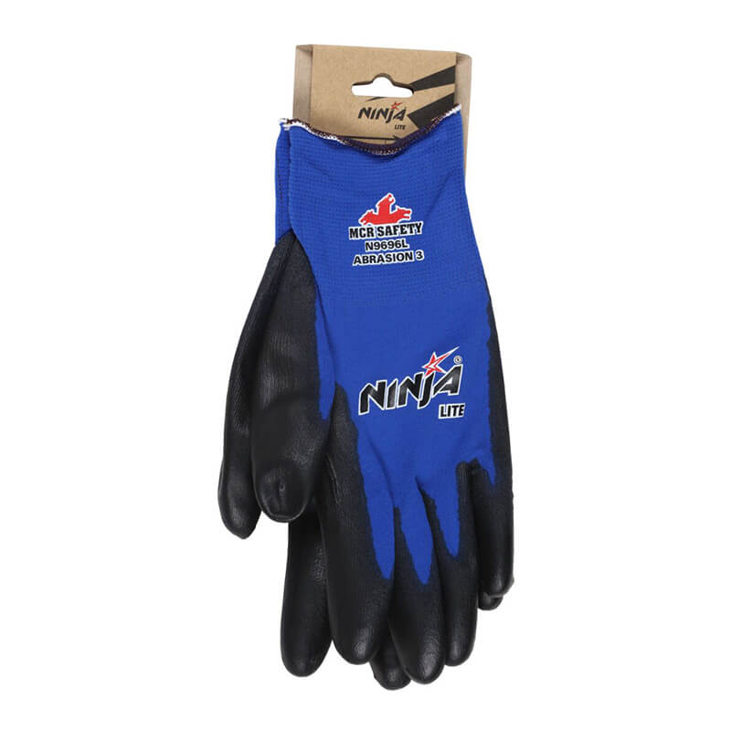 A set of 12 pairs of MCR Safety Ninja Lite Work Gloves N9696, featuring blue and black polyurethane coating and abrasion protection, are ideal safety gloves for various tasks.