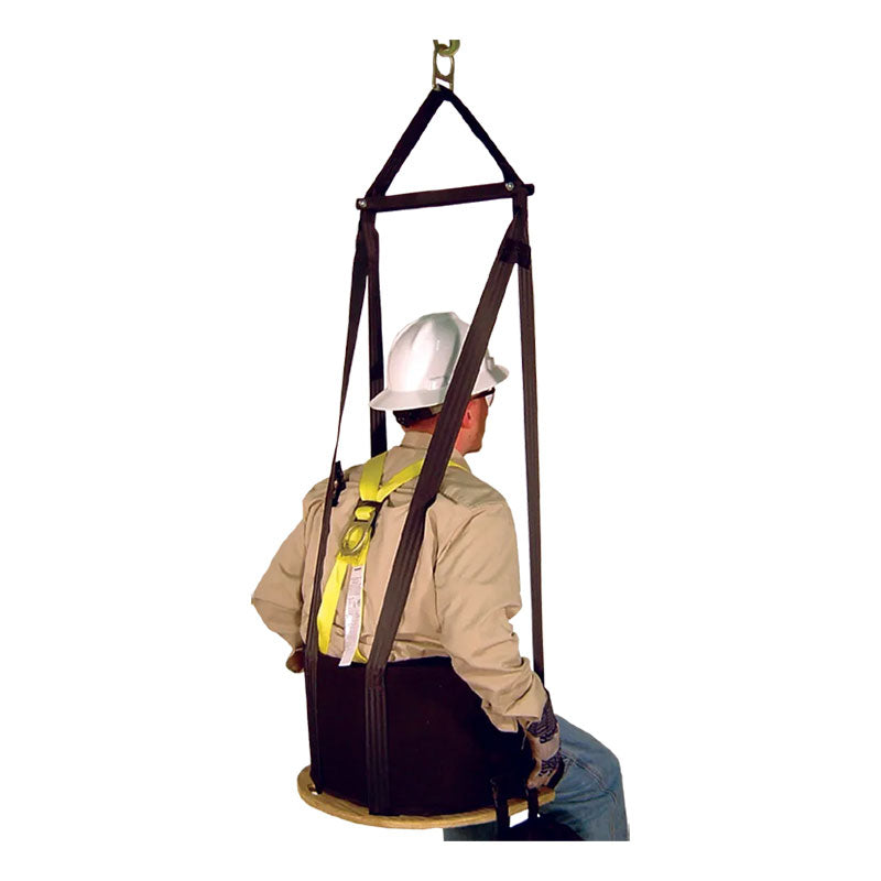 A worker in safety gear sits on the French Creek Production Deluxe Work Seat w/Comfort Seat Back 4151, suspended by straps from above for secure, comfortable support during elevated work.