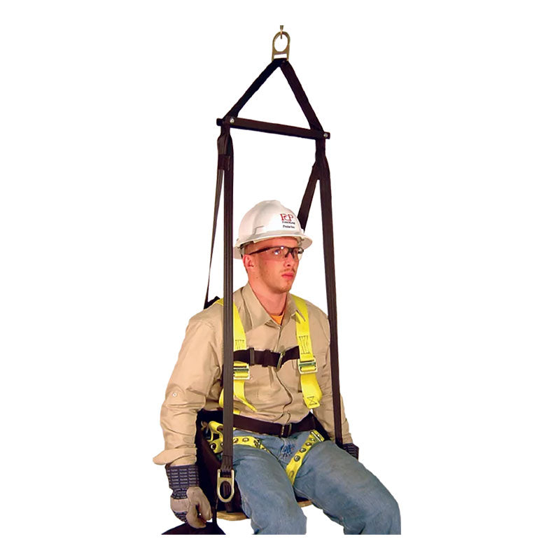 A man wearing PPE sits suspended in a French Creek Deluxe Work Seat w/Comfort Seat Back 4151 by French Creek Production, demonstrating reliable fall protection against a plain white background.