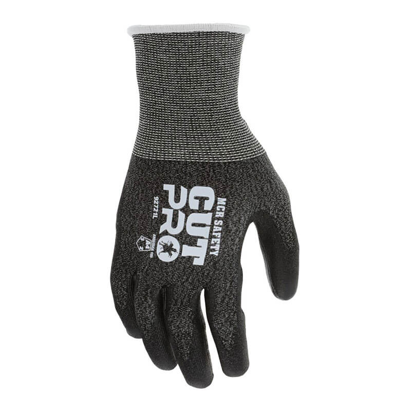 The MCR Safety Cut Pro 21G HyperMax PU Coated Gloves 92721 feature a cut-resistant HyperMax shell, textured palm, extended wrist cuff for abrasion resistance, and display "CUT PRO" and "MCR SAFETY" on the back. Pack includes 12 pairs.