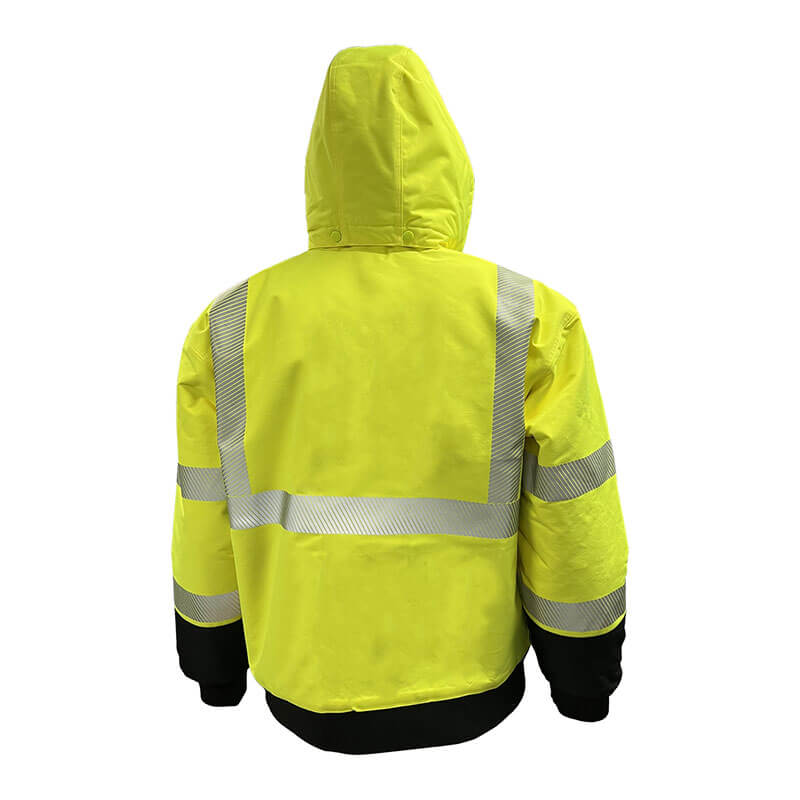 A person wearing the PIP Heavy-Duty ProDuck Bomber Jacket w/Breakaway Snap Hood, a bright yellow hi-vis ANSI Type R Class 3 jacket with reflective silver stripes, black cuffs and waistband, shown from the back. Brand: PIP.