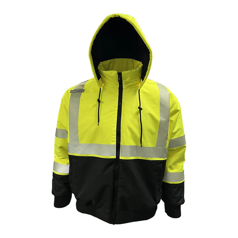 The PIP Heavy-Duty ProDuck Bomber Jacket w/Breakaway Snap Hood is a hi-vis yellow work safety jacket with black bottom, reflective silver stripes, black cuffs, and ANSI Type R Class 3 zippered design for comfort and visibility.