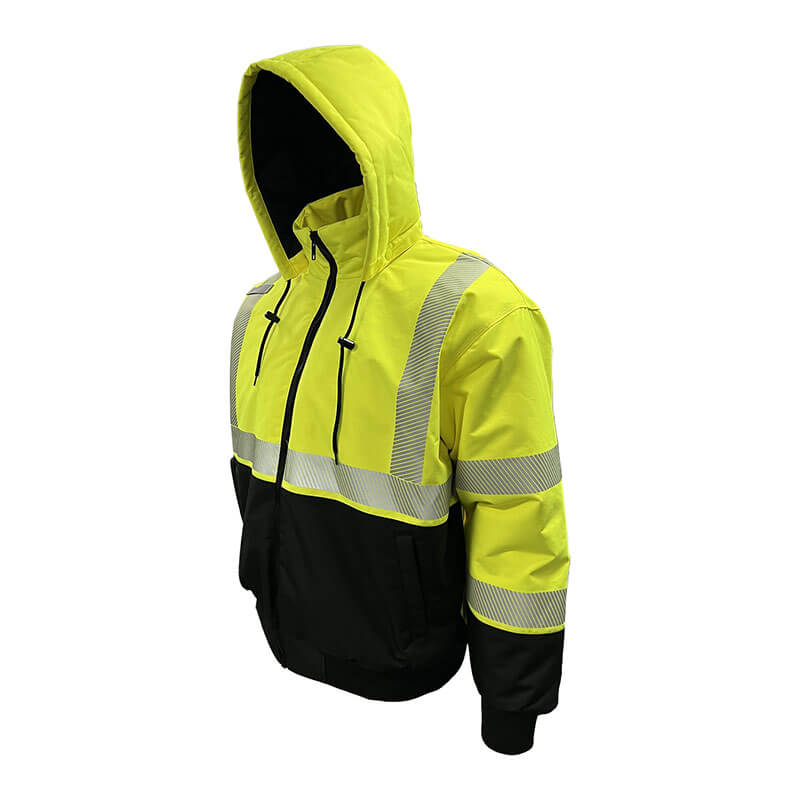 The PIP Heavy-Duty ProDuck Bomber Jacket w/Breakaway Snap Hood features high-visibility yellow with black accents, reflective silver stripes for safety, and meets ANSI Type R Class 3 standards.