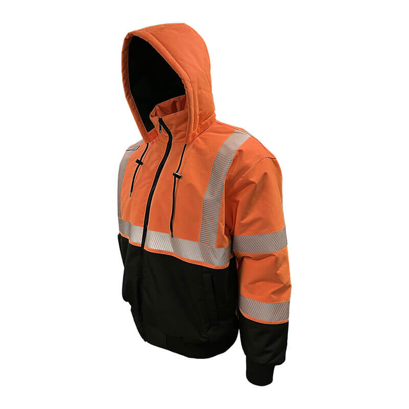 The PIP Heavy-Duty ProDuck Bomber Jacket w/Breakaway Snap Hood features an orange top, black bottom, and reflective stripes. As an ANSI Type R Class 3 jacket by PIP, it ensures high visibility and safety in demanding work environments.