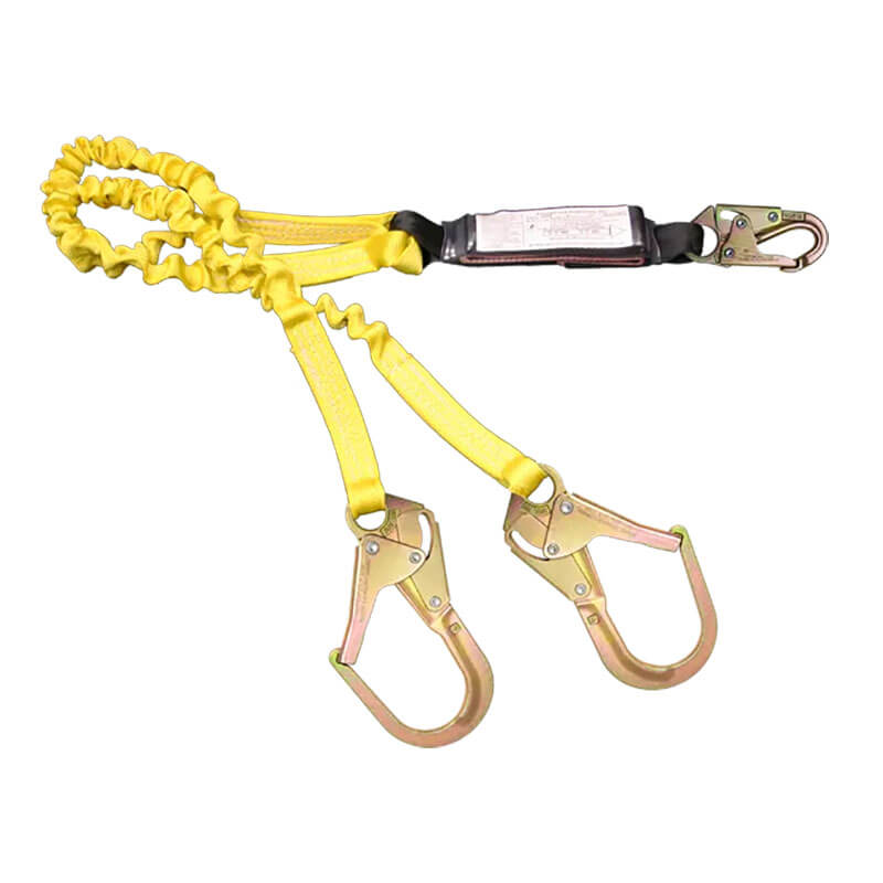 The French Creek Production 6' Dual Leg Elastic Pack-Style Shock Absorbing Lanyard features two large hooks and one smaller hook for optimal fall protection in construction or industrial environments.