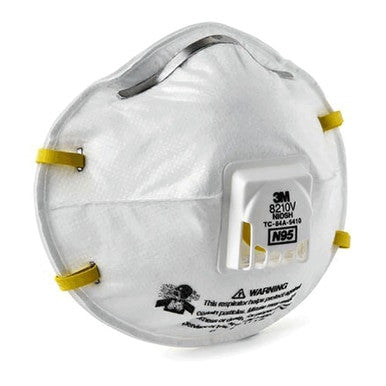 A 3M N95 Disposable Respirator with Exhalation Valve, model 8210V, featuring yellow elastic bands and a CoolFlow Exhalation Valve on the front. The respirator displays the text "3M 8210V NIOSH TC-84A-5410" alongside a warning label and certification markings, ensuring both reliability and efficiency.