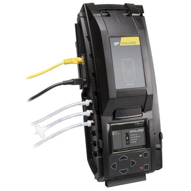A BW IntelliDoX Docking Station for BW Clip4 DX-BWC4 in black, featuring a display screen and multiple ports. The station is connected with cables, including a yellow network cable and three white cables. There are controls and an additional screen at the bottom for efficient automated instrument management.