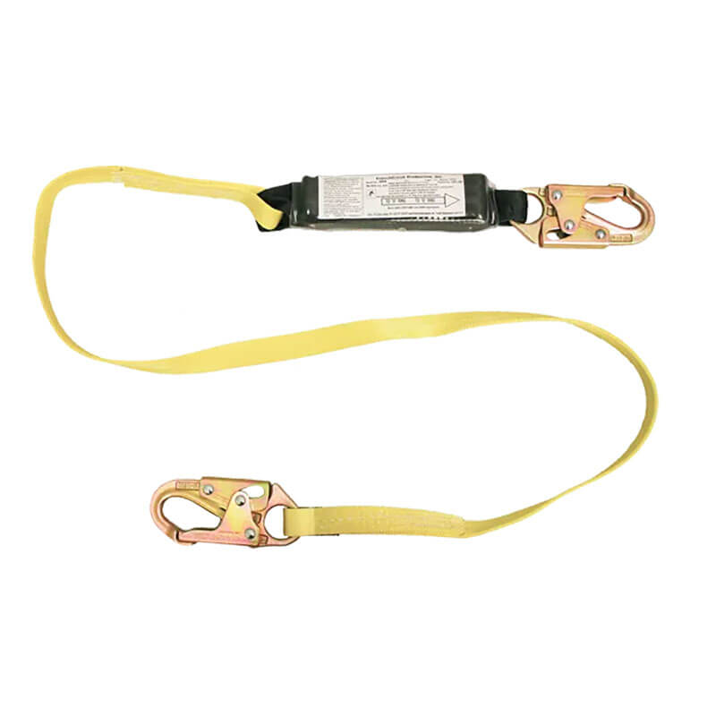 The French Creek 6' Web Pack-Style Shock Absorbing Lanyard by French Creek Production features metal hooks and an energy absorber, making it ideal for fall protection in construction or industrial environments.