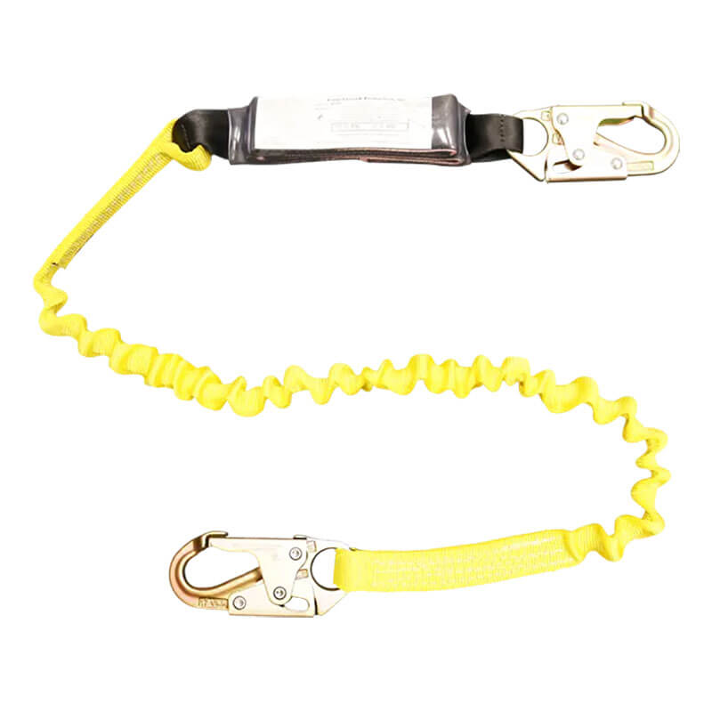 The French Creek Production 6' Elastic Pack Style Shock Absorbing Lanyard features two metal hooks and is ideal for fall protection in construction or industrial environments.