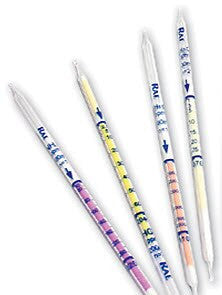 Four plastic straws with attached litmus strips for pH testing, showcasing pink, yellow, orange, and peach colors. Each has measurement markings and a directional arrow. Ideal for use with BW Technologies by Honeywell Hydrogen Sulfide 25-250 ppmv Tubes H-10-103-18 for comprehensive environmental analysis.
