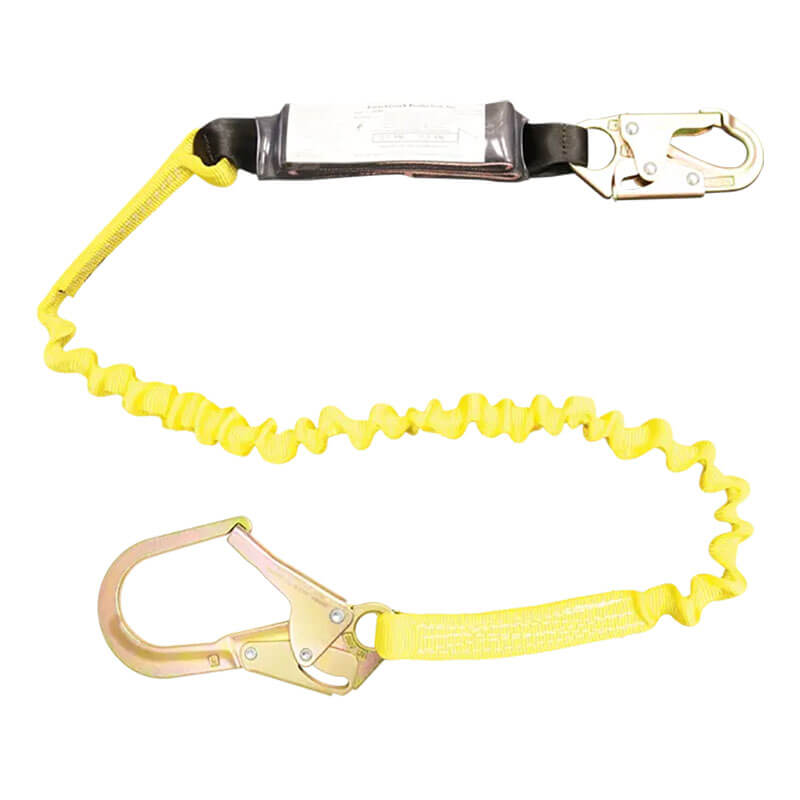 The French Creek Production 6' Elastic Pack Style Shock Absorbing Lanyard is yellow, features metal hooks at both ends, and is designed for fall protection in construction or industrial settings.