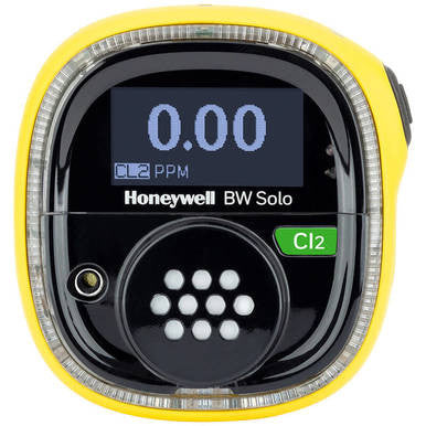 The BW Technologies by Honeywell BW Solo Wireless Gas Detector Cl2 BWS1-C-Y, with its vibrant yellow design, displays a 0.00 PPM reading for Cl2. It features a central button, an "Cl2" indicator, and is compatible with Intellidox for seamless calibration and data management.