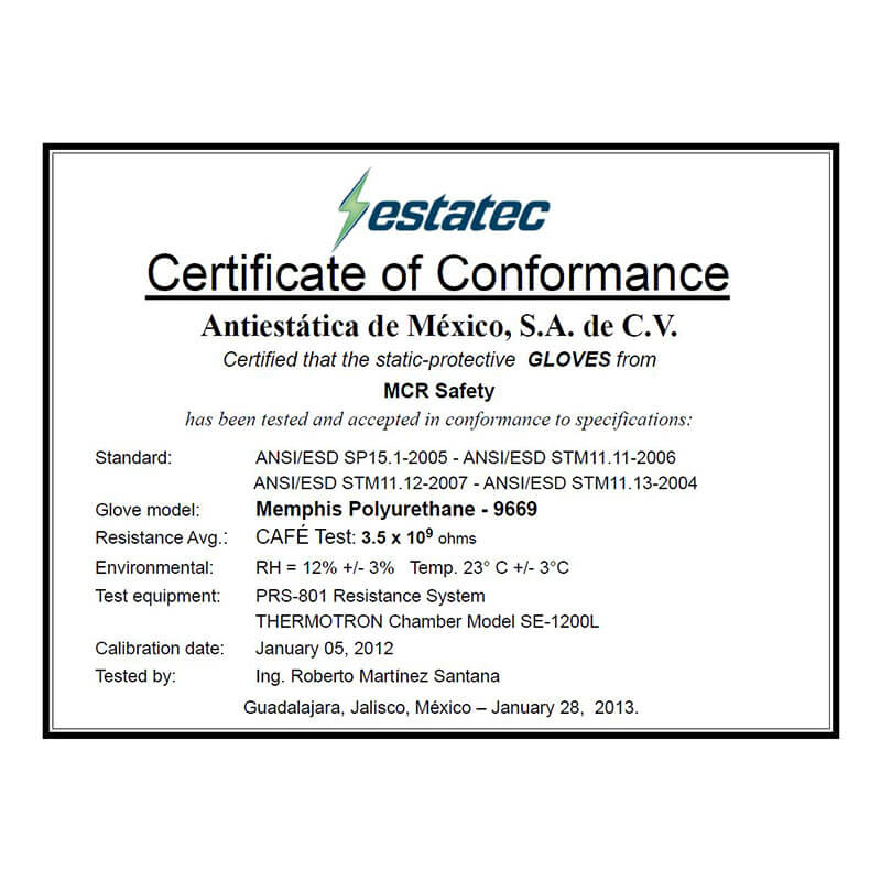 Certificate of Conformance from MCR Safety for NXG Polyurethane Coated Work Gloves 9669 (12 pairs), detailing standards, test results, issue dates, company info, glove model, approvals, and signatures.