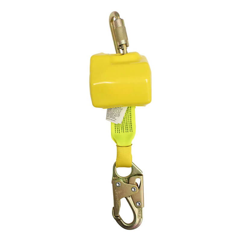 The French Creek 8 Ft Self-Retracting Lifeline 459 by French Creek Production features a yellow Class "A" casing, metal carabiner, and snap hook—ideal for fall protection in safety harness systems.