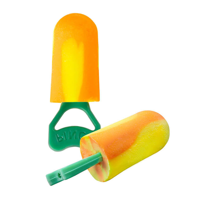 Two bio-based disposable foam ear plugs, designed by PIP, are shown with a swirled orange and yellow pattern and vibrant green tabs against a white backdrop. One stands vertically while the other rests horizontally.