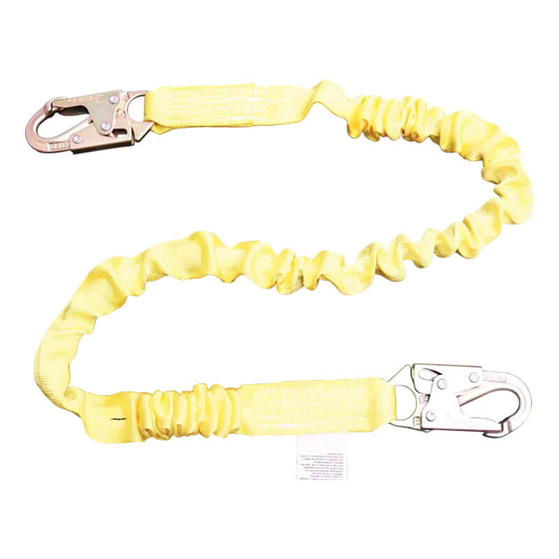 The French Creek Production 6' Elastic Tubular Shock Absorbing Lanyard features a yellow, slightly coiled durable fabric and metal snap hooks on each end, providing reliable fall protection for construction or industrial work.