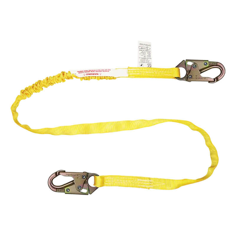 The French Creek Production 6' Tubular Shock Absorbing Lanyard features two metal snap hooks, a shock absorber label, and a partially bunched strap—delivering reliable fall protection for the workplace.
