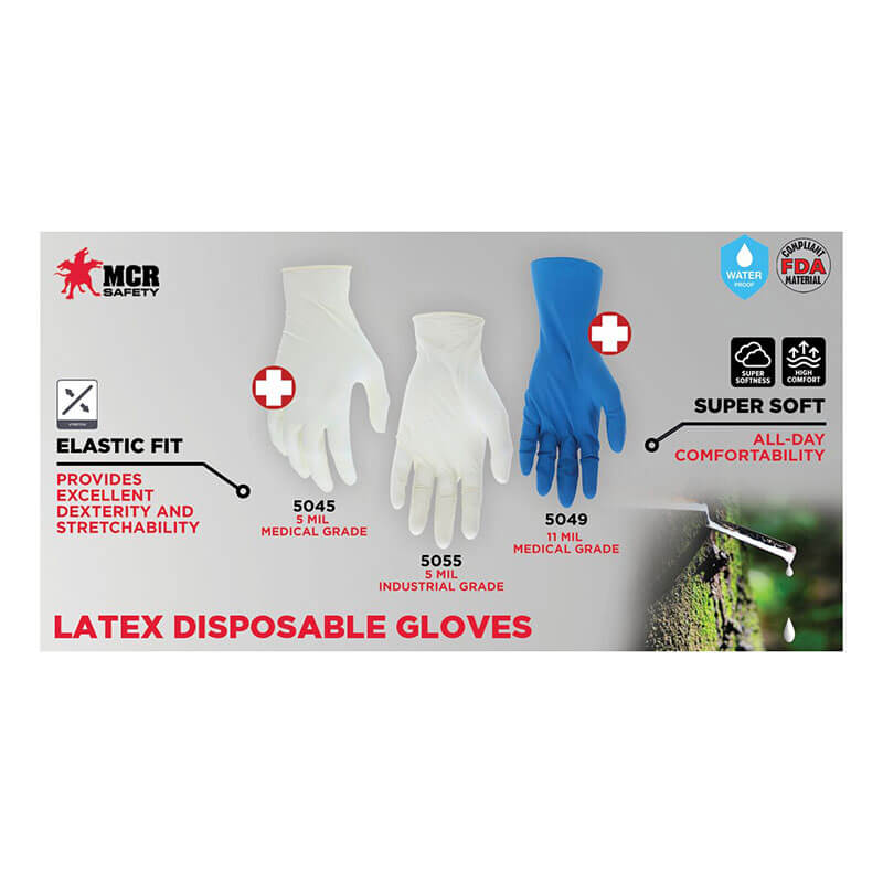Three MCR Safety Powder Free Latex Gloves 5045 (10 boxes) are shown—two white, one blue—featuring an elastic fit, medical-grade quality, water resistance, FDA approval, and all-day comfort.