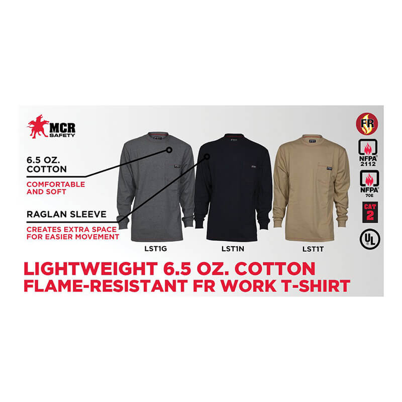 Three MCR Safety FR Lightweight Long Sleeve T-Shirts (Gray LST1G) are shown in gray, black, and khaki. Highlights include 6.5 oz. cotton, raglan sleeves, comfort fit, and NFPA 2112 standards. Safety icons and the MCR Safety logo are visible on the right.
