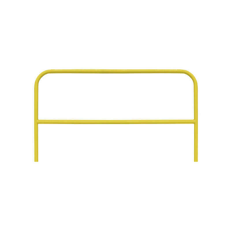 The Frontline Guardrail System for Concrete/Steel Substrates by Frontline Fall Protection is a yellow metal safety rail with a horizontal support bar, designed as a fixed perimeter edge guardrail, isolated on a white background.