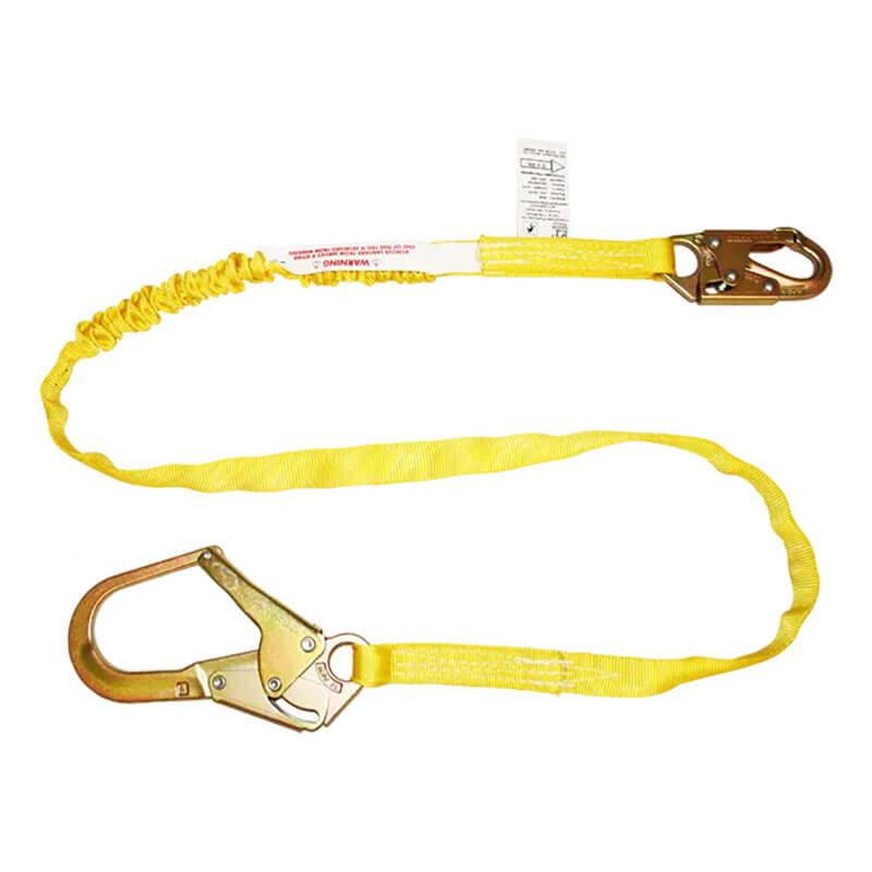 The French Creek Production 6' Tubular Shock Absorbing Lanyard features metal snap hooks on each end and is designed for fall protection in construction or industrial work.